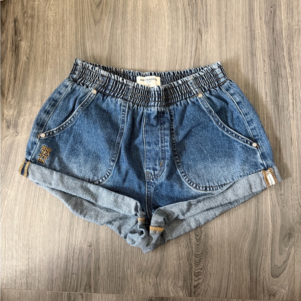 Womens Denim Elastic-Waist Shorts - Blue